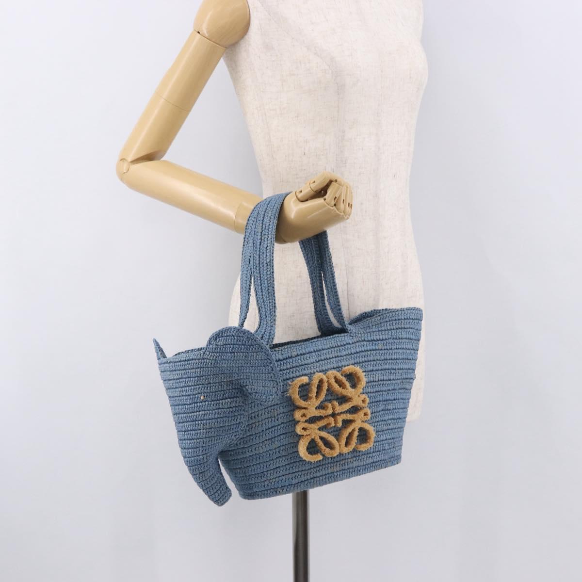 LOEWE Elephant Motif Hand Bag Raffia Light Blue Auth 185419SAM