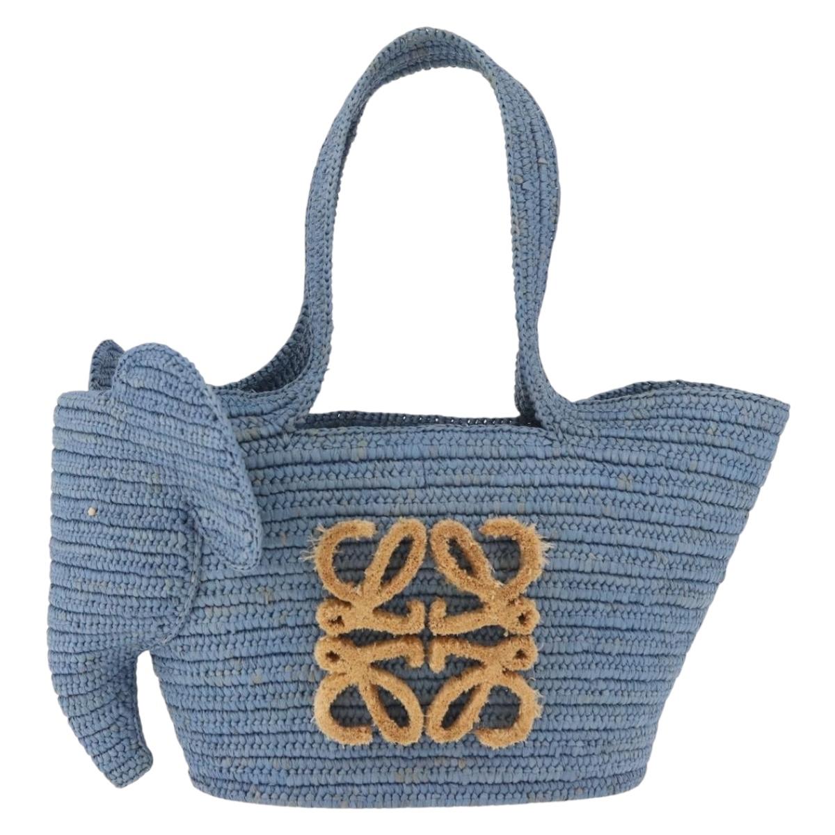 LOEWE Elephant Motif Hand Bag Raffia Light Blue Auth 185419SAM