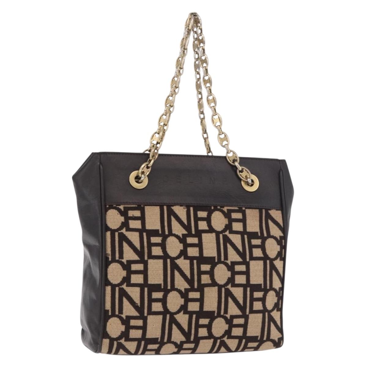 CELINE Chain Shoulder Bag Knitted Fabrics Beige Gold Auth 185422A