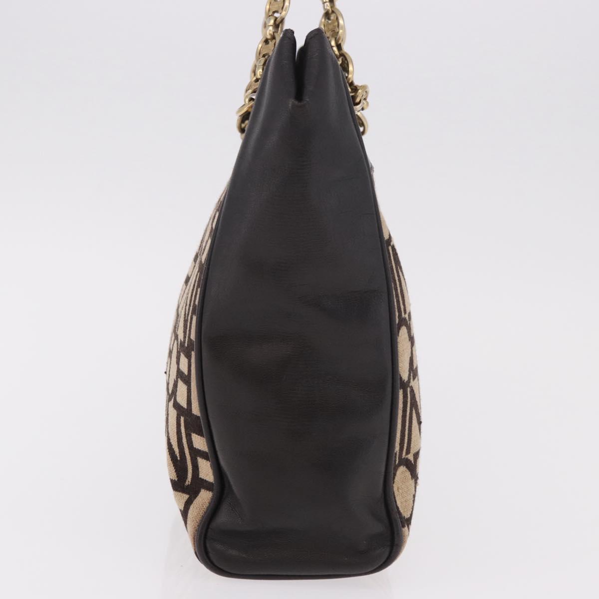 CELINE Chain Shoulder Bag Knitted Fabrics Beige Gold Auth 185422A