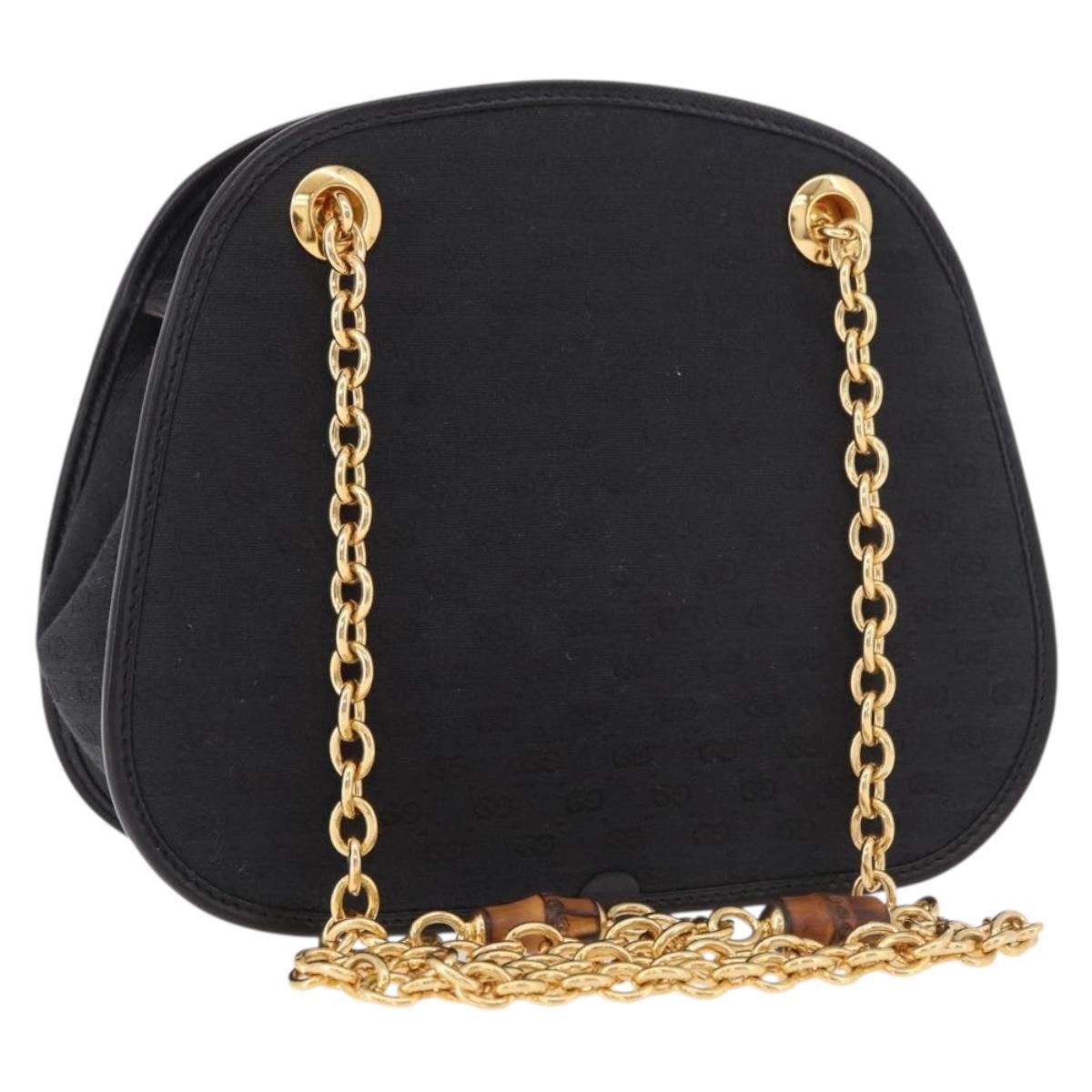 GUCCI Micro GG Canvas Bamboo Chain Shoulder Bag Black Gold Auth 185425A