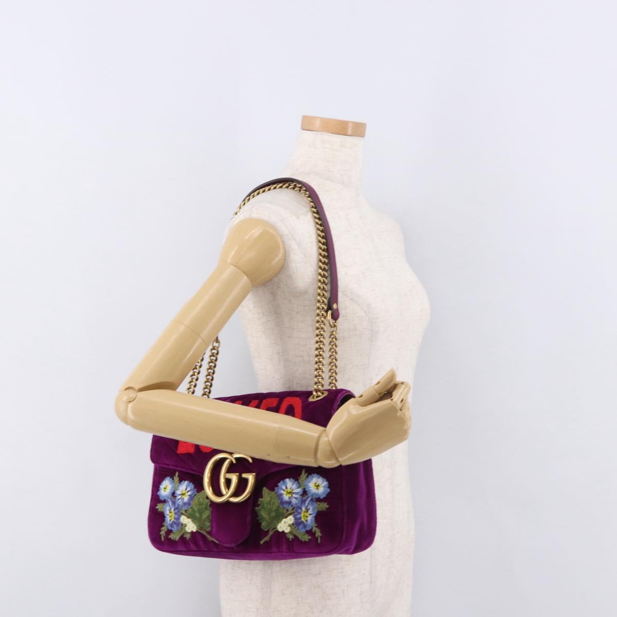 GUCCI GG Marmont Chain Shoulder Bag Velor Purple Gold 443496 Auth 185426M