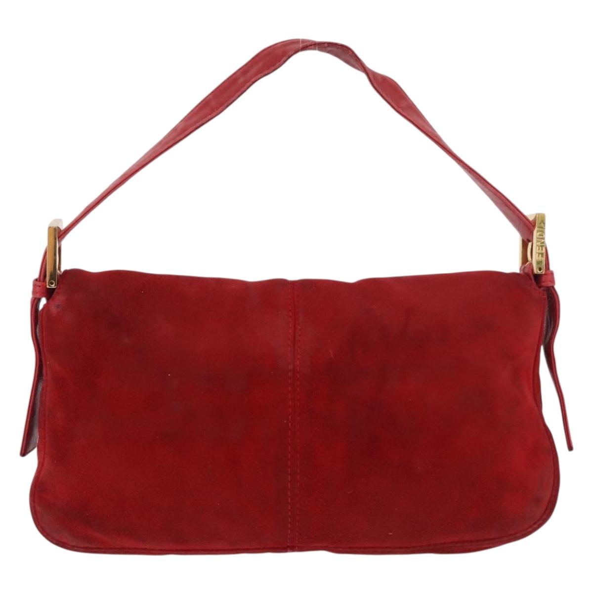 FENDI Mamma Baguette Shoulder Bag Suede Red Gold Auth 185429A