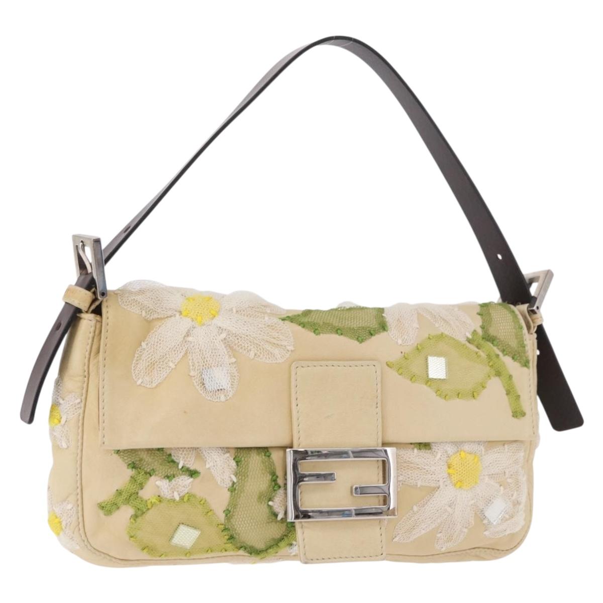 FENDI Mamma Baguette Shoulder Bag Leather Beige Silver Auth 185433SAV