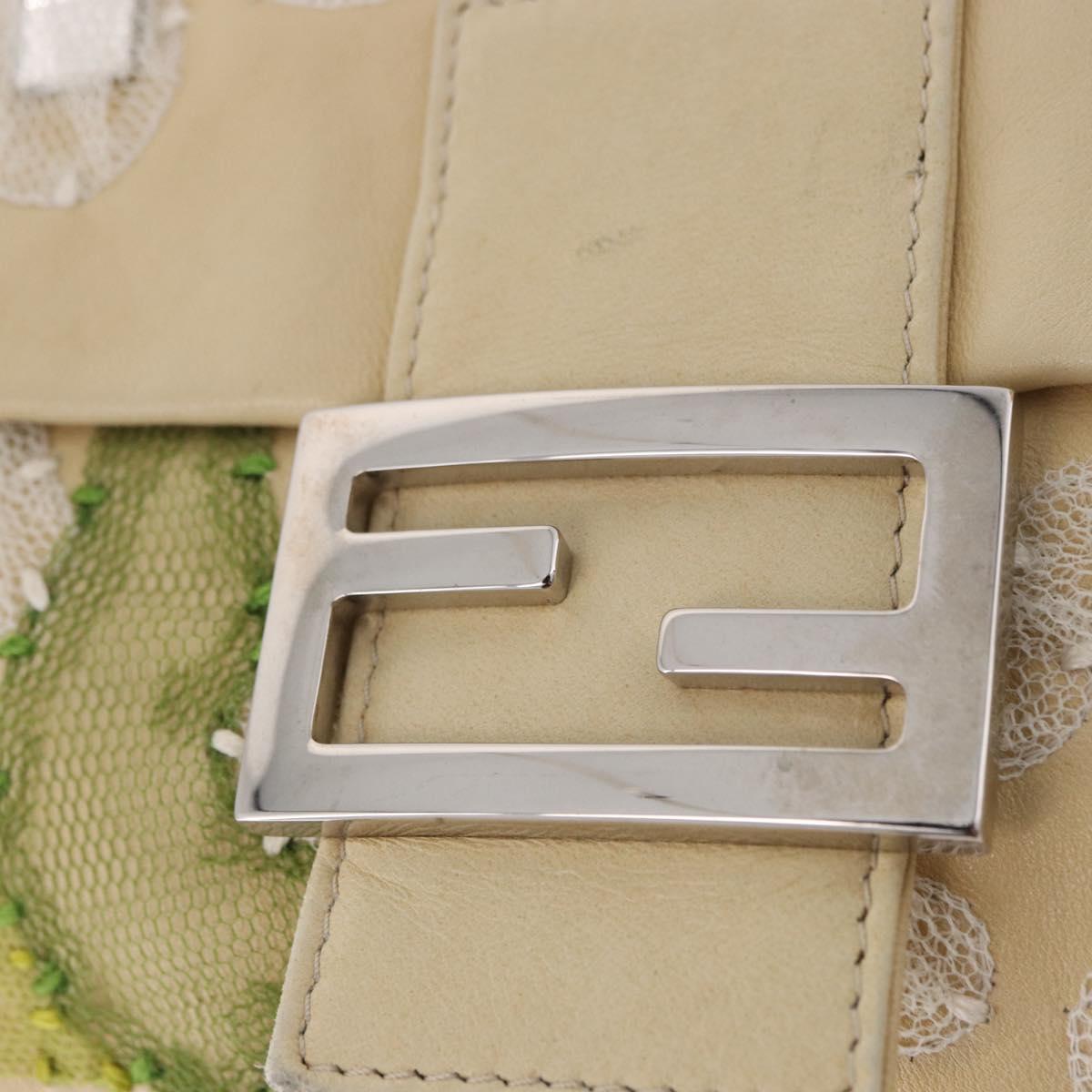 FENDI Mamma Baguette Shoulder Bag Leather Beige Silver Auth 185433SAV