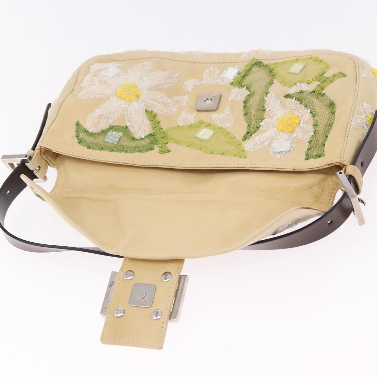 FENDI Mamma Baguette Shoulder Bag Leather Beige Silver Auth 185433SAV