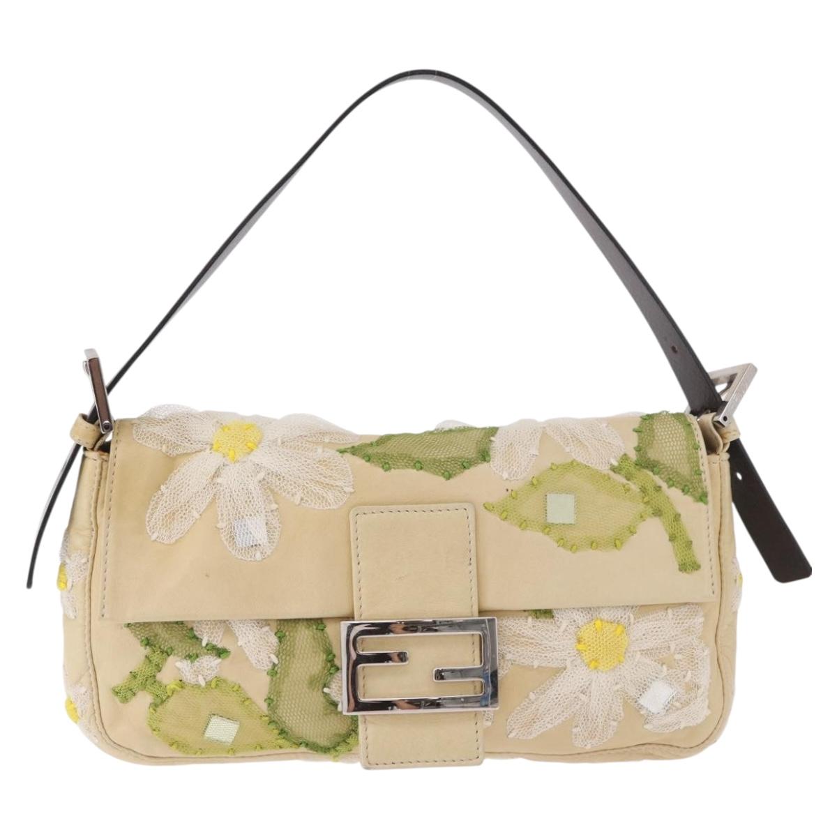 FENDI Mamma Baguette Shoulder Bag Leather Beige Silver Auth 185433SAV