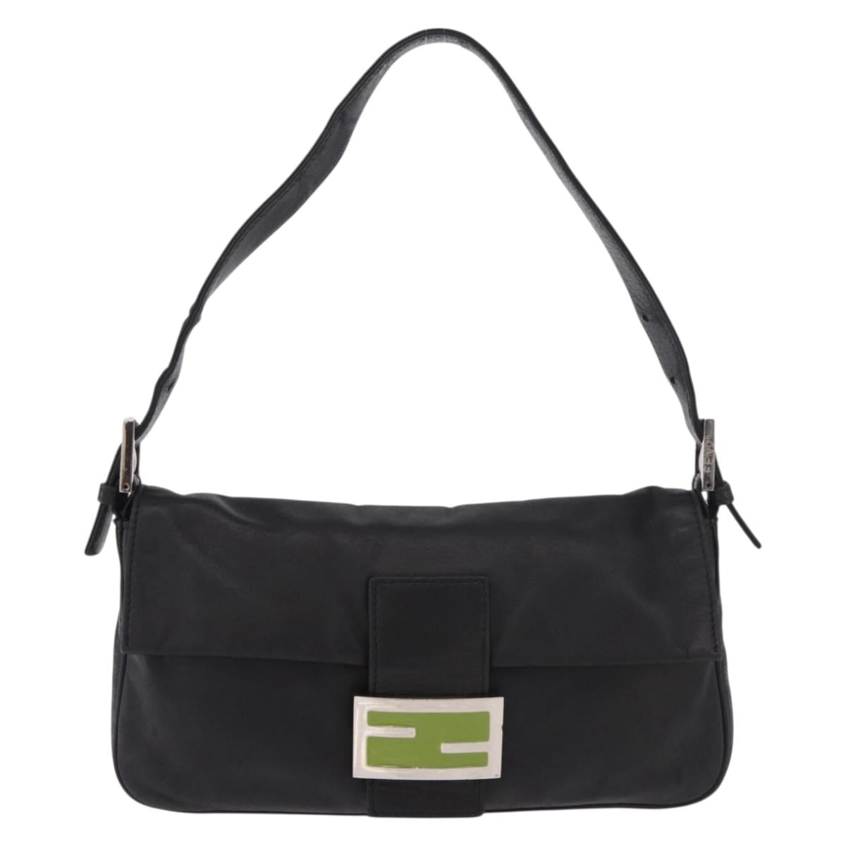FENDI Mamma Baguette Shoulder Bag Leather Black Silver Auth 185435SAV
