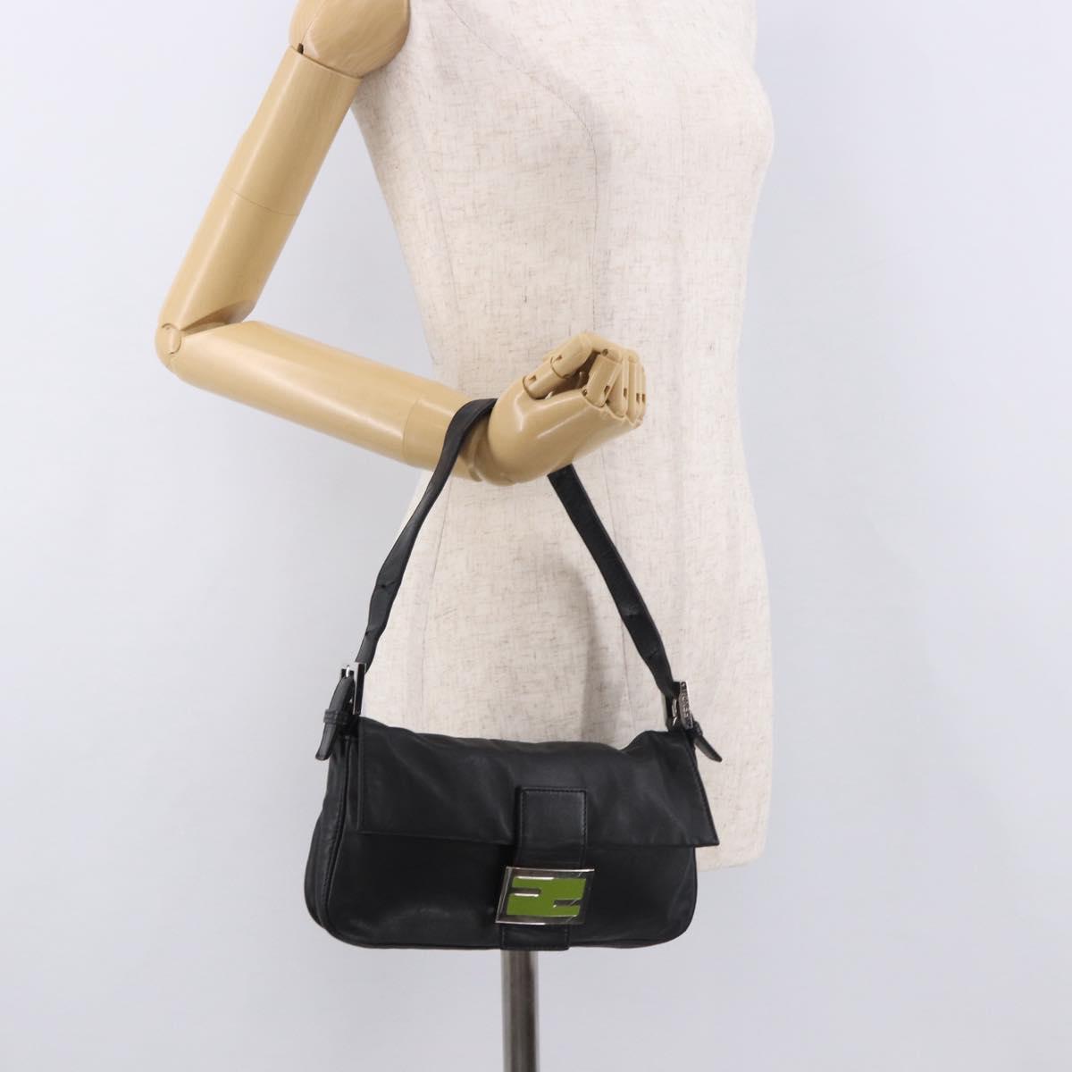 FENDI Mamma Baguette Shoulder Bag Leather Black Silver Auth 185435SAV