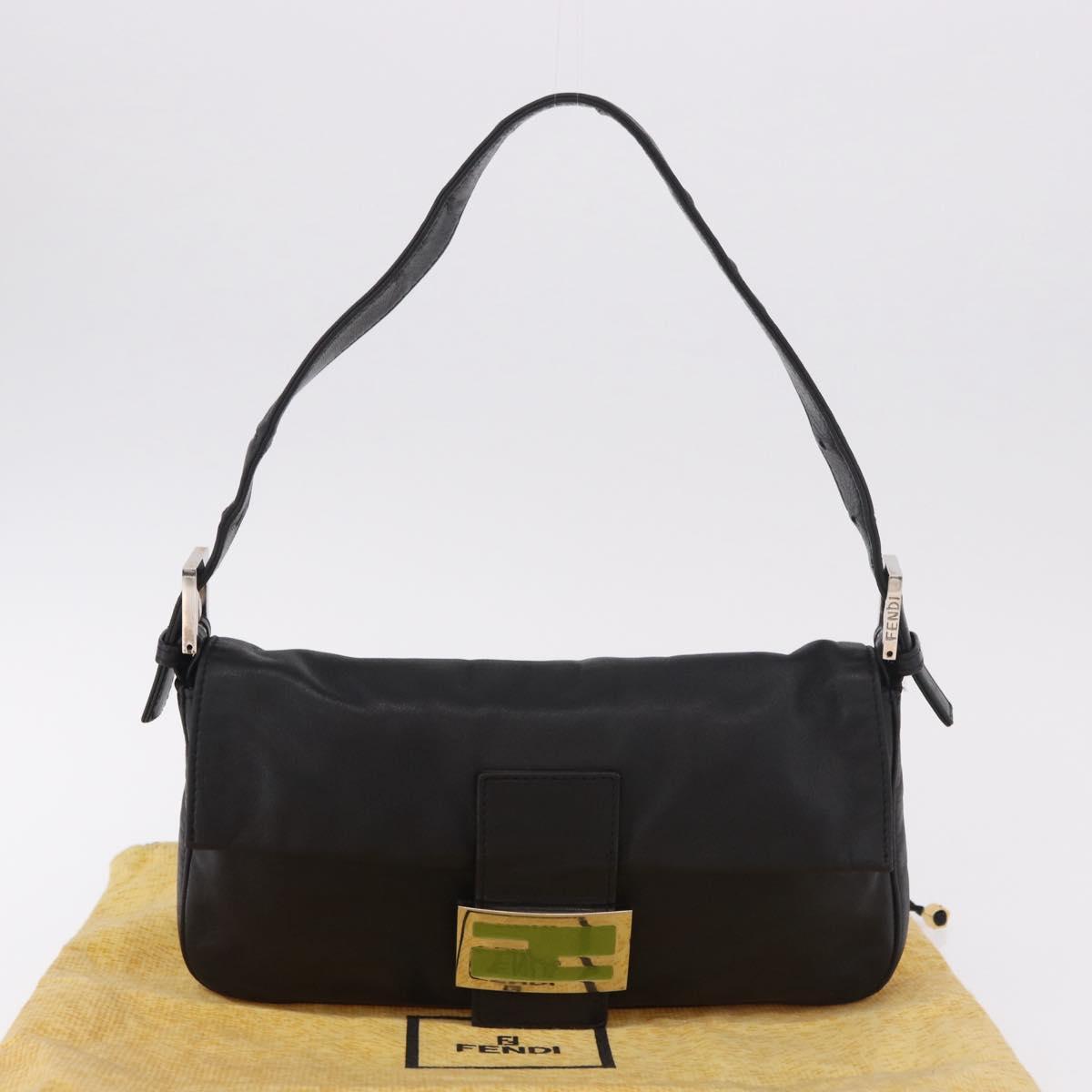 FENDI Mamma Baguette Shoulder Bag Leather Black Silver Auth 185435SAV