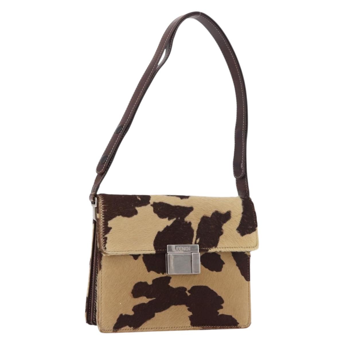 FENDI Shoulder Bag Harako Leather Beige Silver Auth 185436V