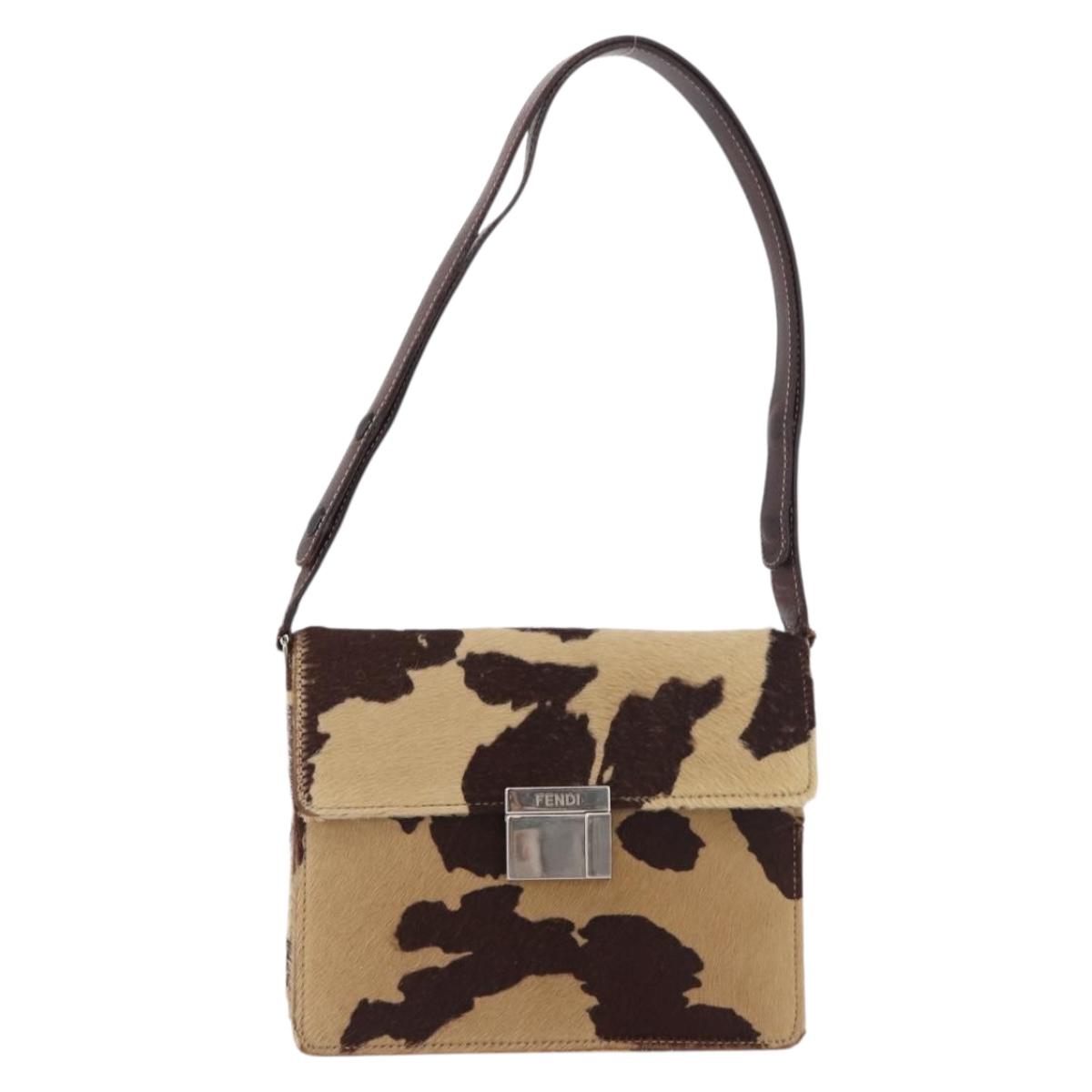 FENDI Shoulder Bag Harako Leather Beige Silver Auth 185436V