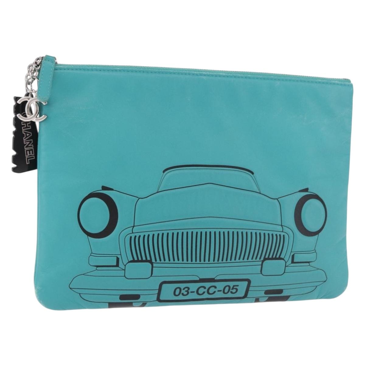 CHANEL Coco Havana Clutch Bag Lamb Skin Turquoise Blue Silver Auth 185438V