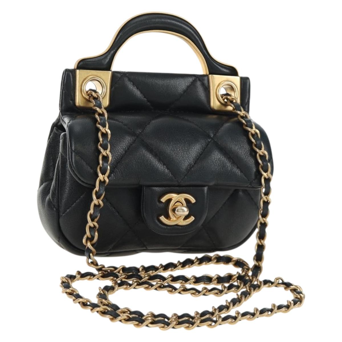CHANEL Matelasse Chain Shoulder Pouch Lamb Skin 2way Black CC Auth 185439SAM