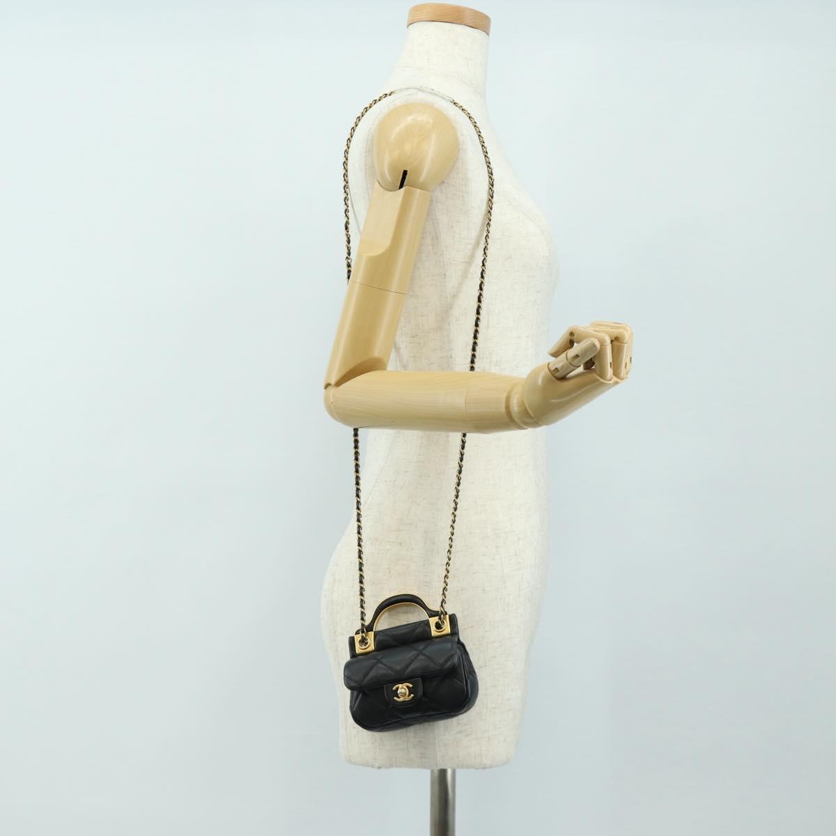 CHANEL Matelasse Chain Shoulder Pouch Lamb Skin 2way Black CC Auth 185439SAM