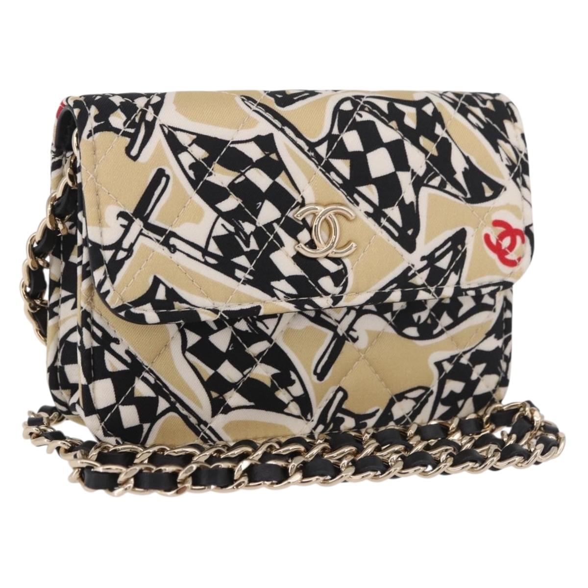 CHANEL Chain Shoulder Pouch Mini Matelasse 12 Satin Beige Gold CC Auth 185440M