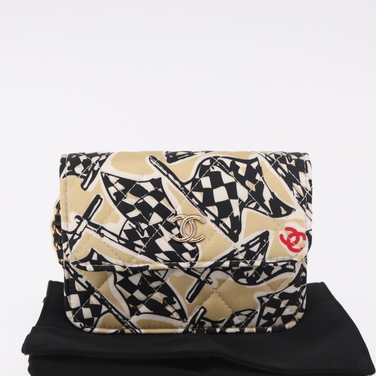 CHANEL Chain Shoulder Pouch Mini Matelasse 12 Satin Beige Gold CC Auth 185440M