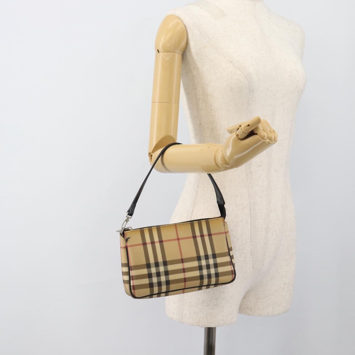 BURBERRY Nova Check Accessory Pouch PVC Beige Silver Auth 185460