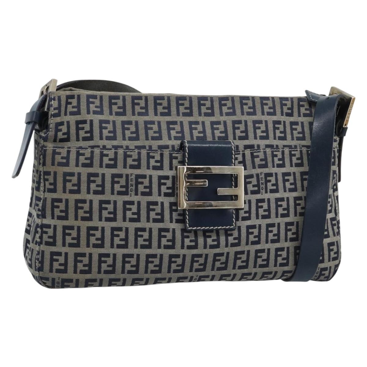 FENDI Zucchino Canvas Mamma Baguette Shoulder Bag Navy Silver Auth 185465V