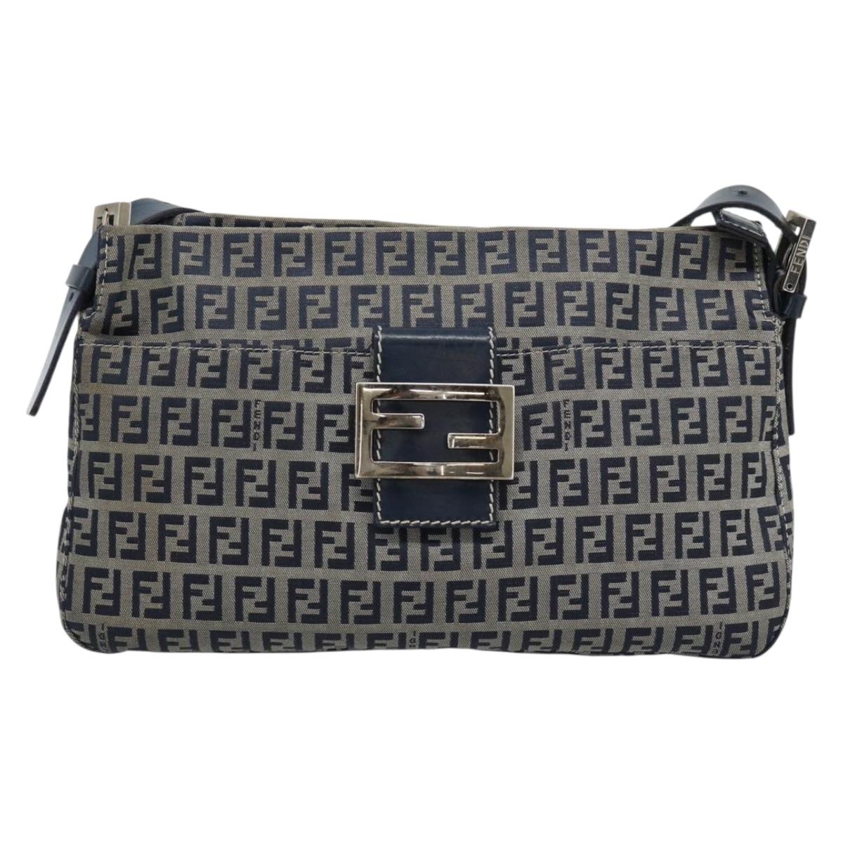 FENDI Zucchino Canvas Mamma Baguette Shoulder Bag Navy Silver Auth 185465V