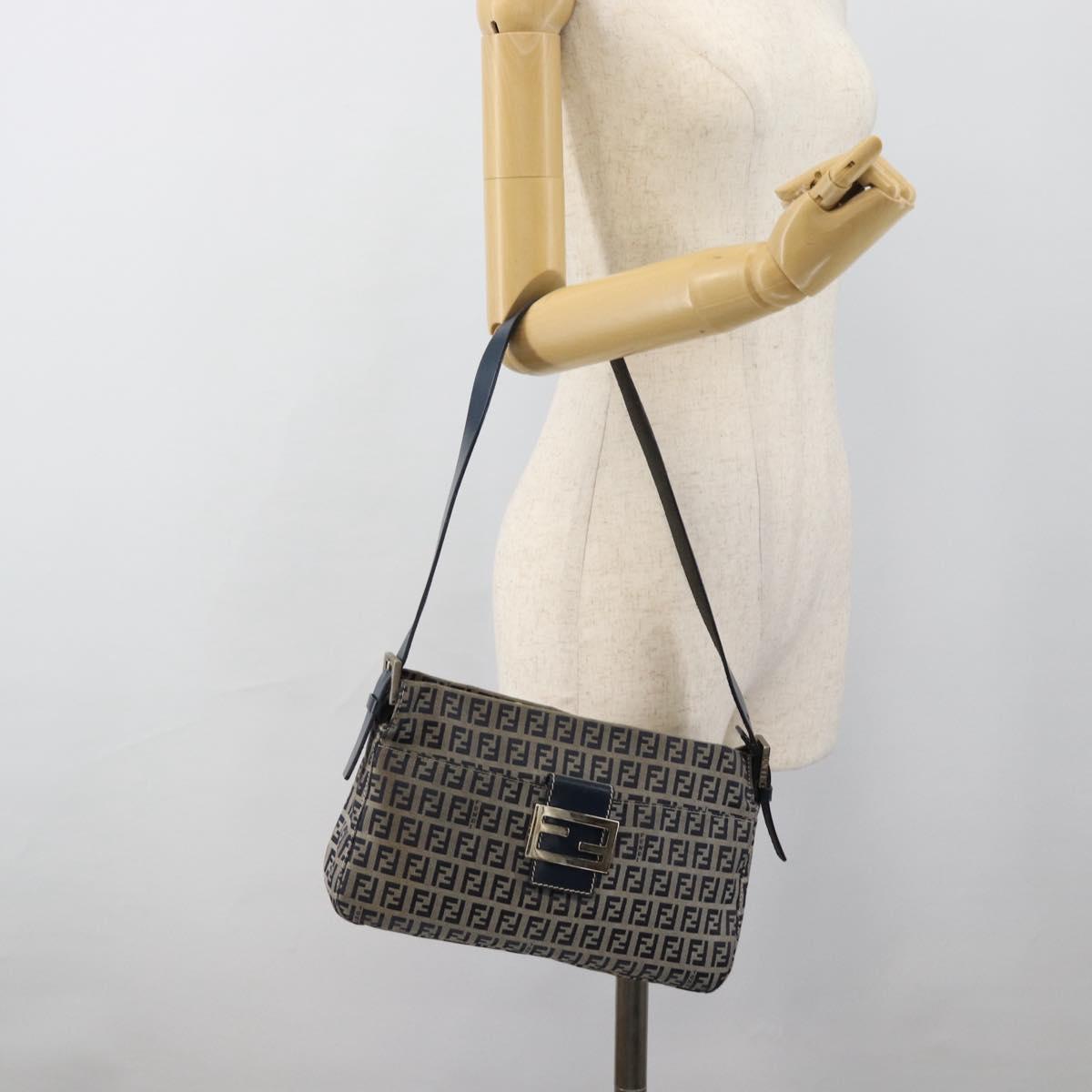 FENDI Zucchino Canvas Mamma Baguette Shoulder Bag Navy Silver Auth 185465V