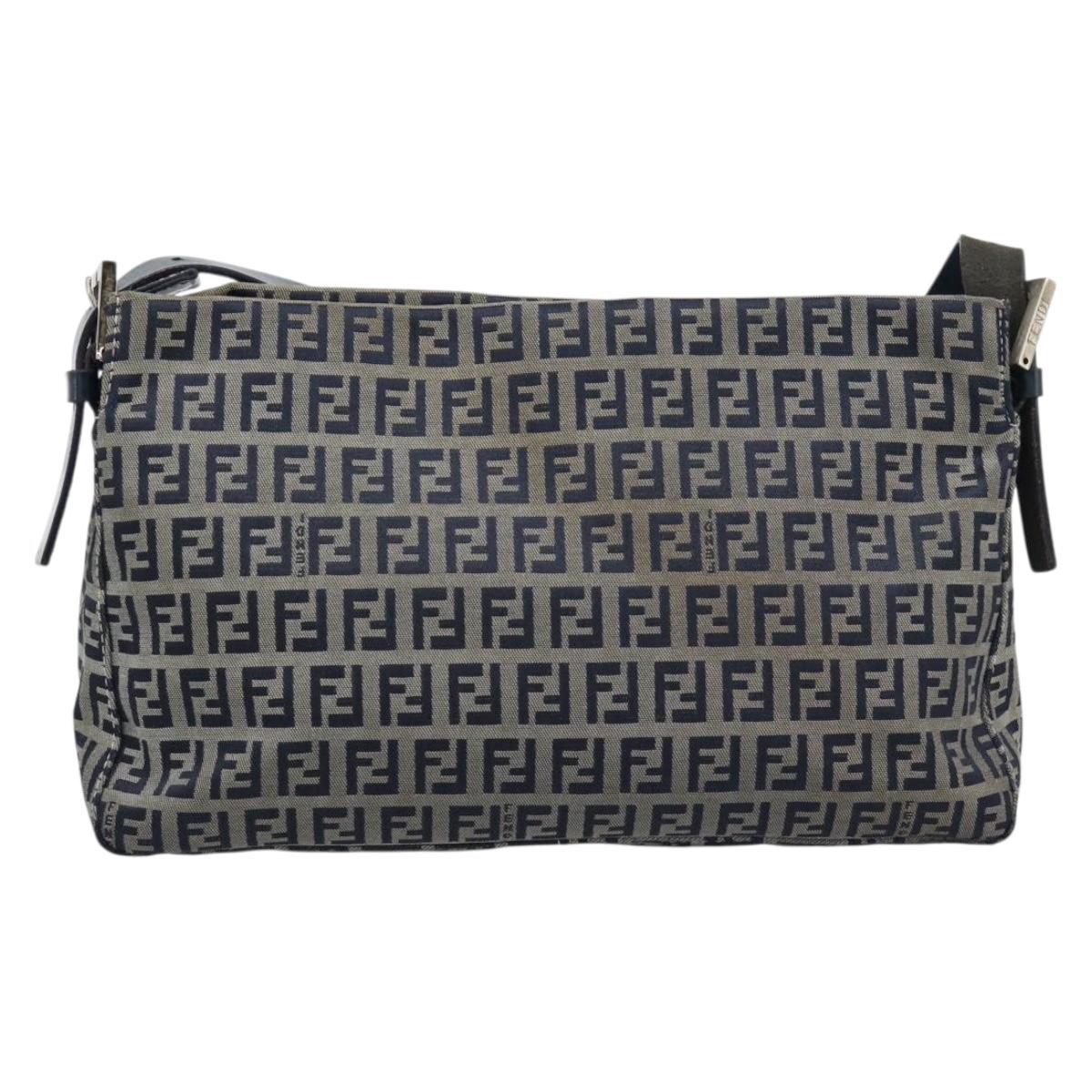 FENDI Zucchino Canvas Mamma Baguette Shoulder Bag Navy Silver Auth 185465V