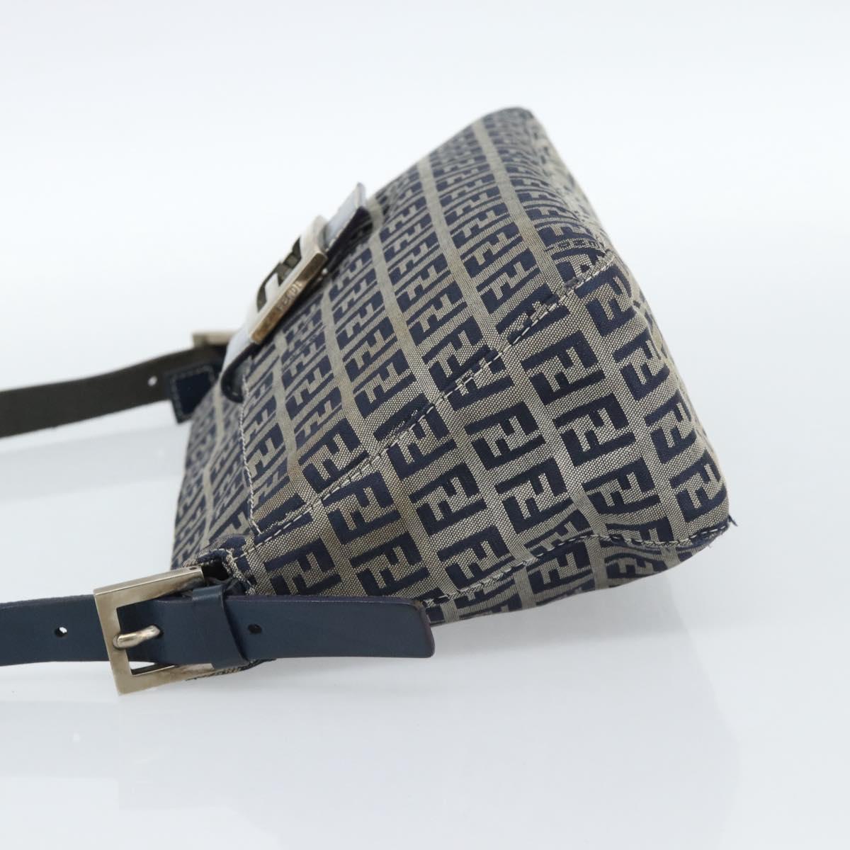 FENDI Zucchino Canvas Mamma Baguette Shoulder Bag Navy Silver Auth 185465V