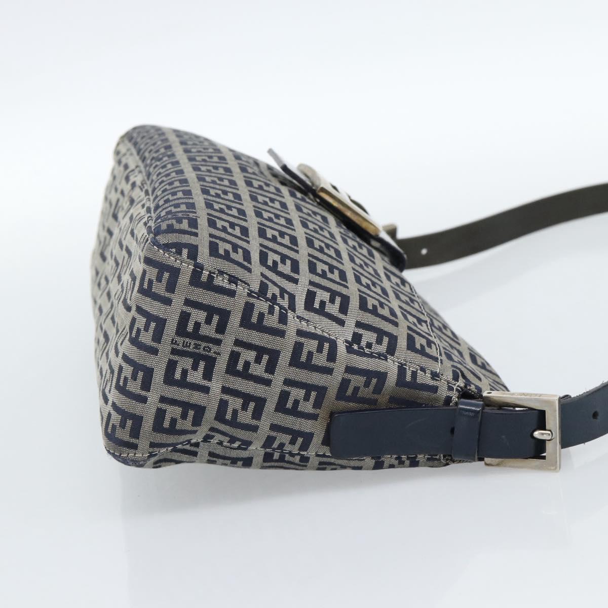 FENDI Zucchino Canvas Mamma Baguette Shoulder Bag Navy Silver Auth 185465V