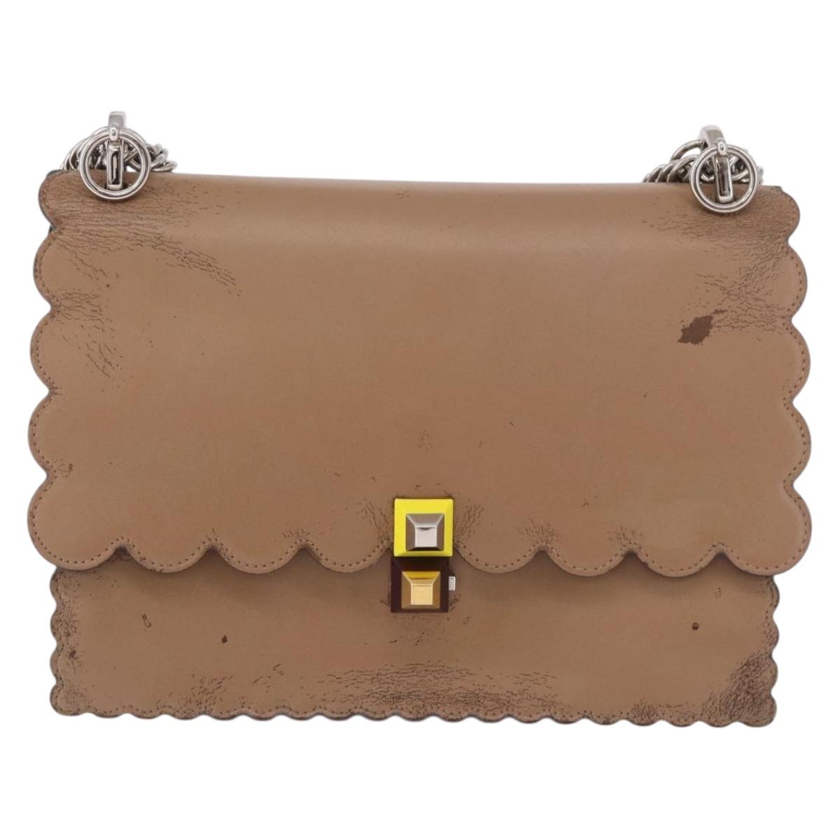 FENDI Chain Canai Shoulder Bag Leather Beige Silver Auth 185488
