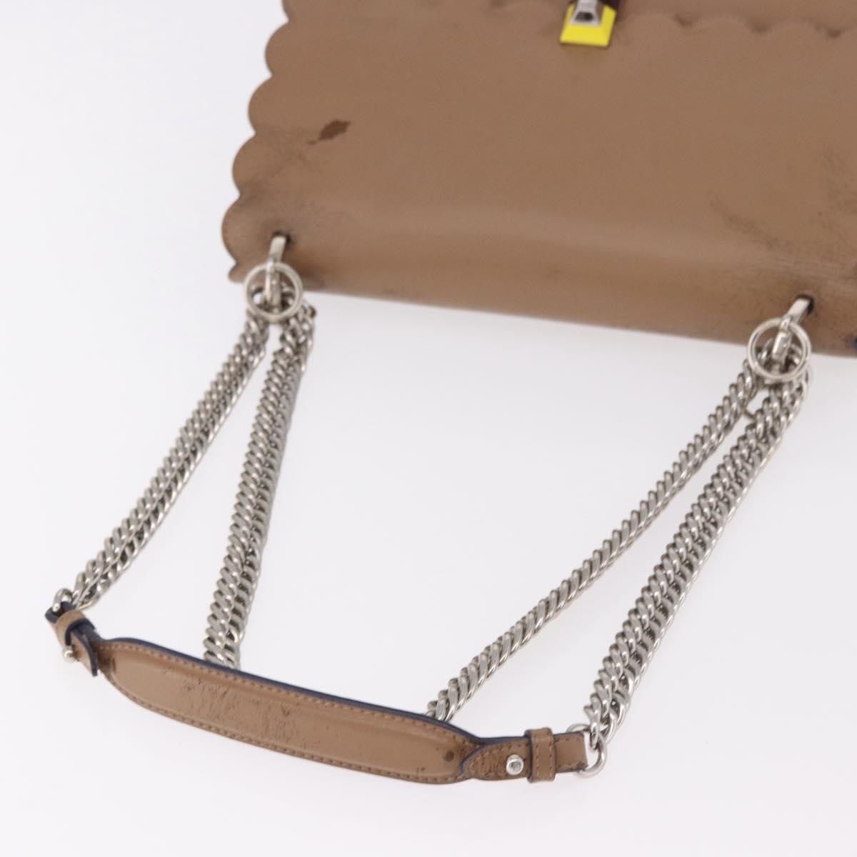FENDI Chain Canai Shoulder Bag Leather Beige Silver Auth 185488