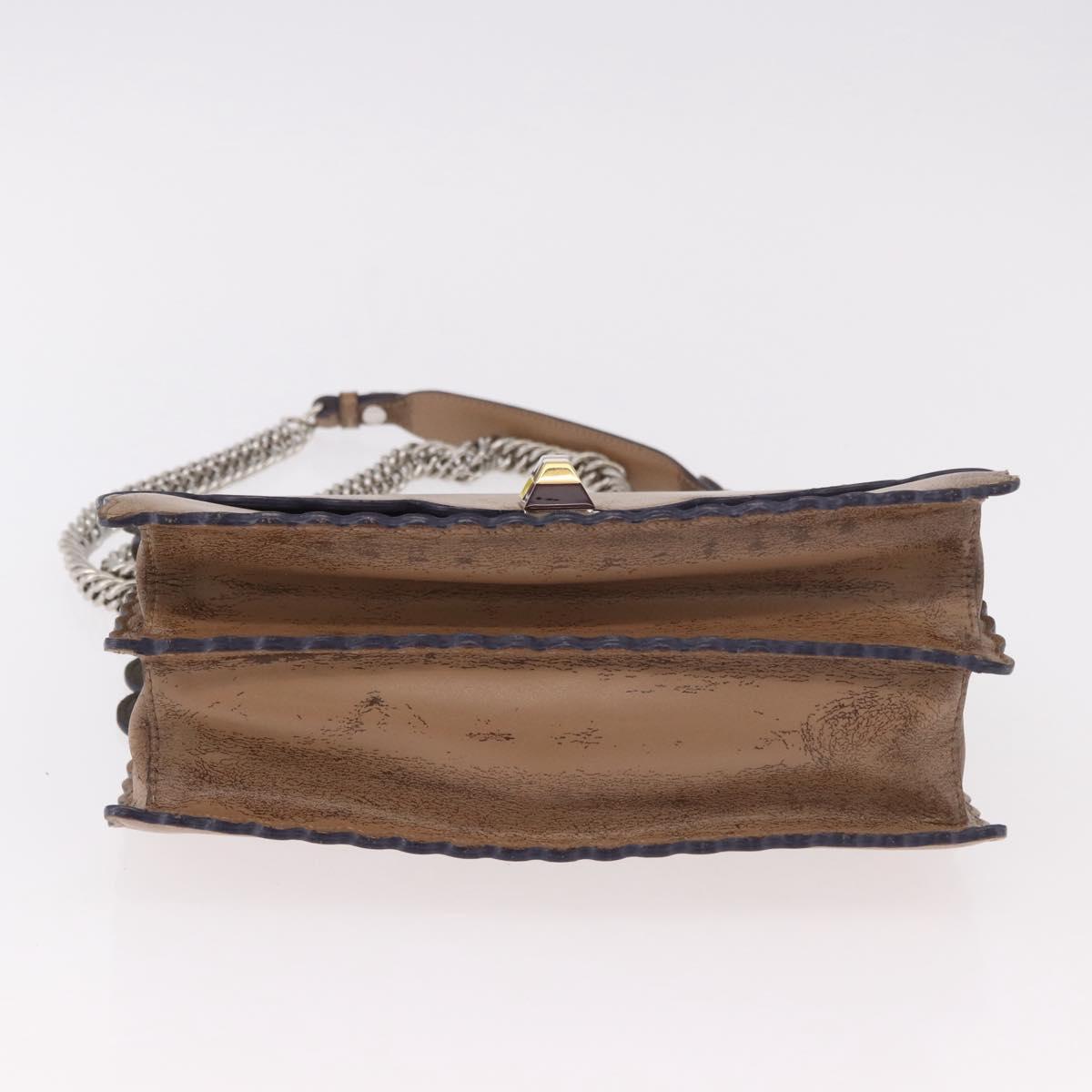 FENDI Chain Canai Shoulder Bag Leather Beige Silver Auth 185488