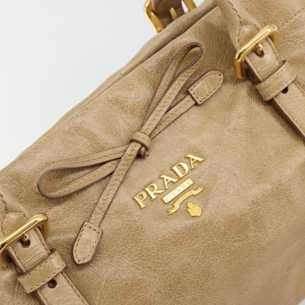 PRADA Hand Bag Leather 2way Beige Gold Auth 185490