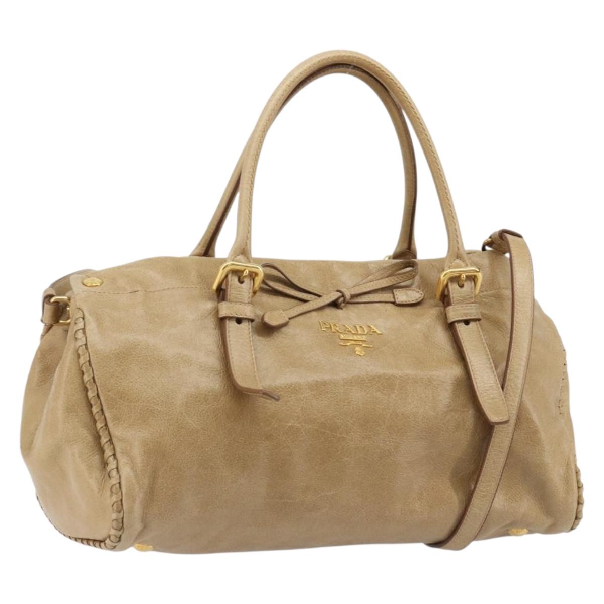 PRADA Hand Bag Leather 2way Beige Gold Auth 185490