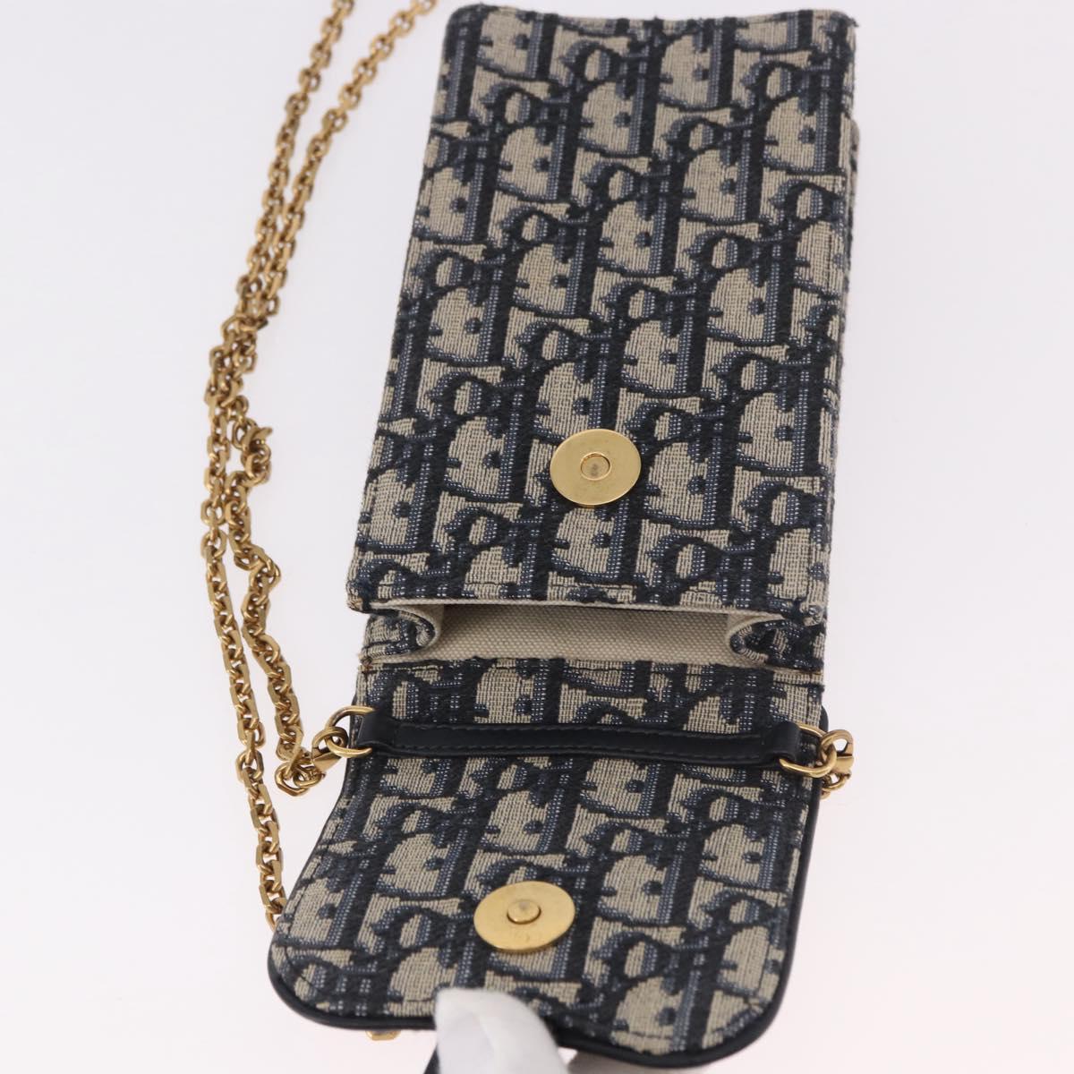 Christian Dior Trotter Canvas Saddle Chain Phone Holder Navy Gold Auth 185492M