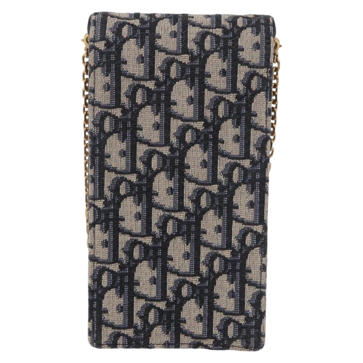 Christian Dior Trotter Canvas Saddle Chain Phone Holder Navy Gold Auth 185492M