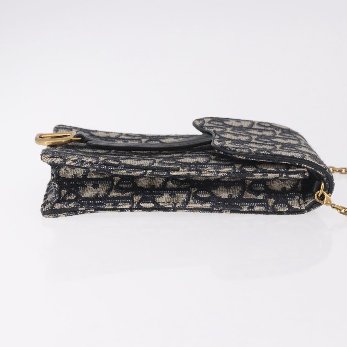 Christian Dior Trotter Canvas Saddle Chain Phone Holder Navy Gold Auth 185492M