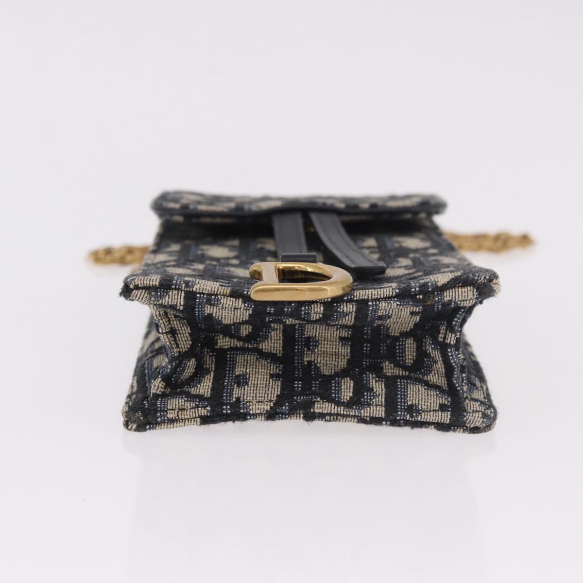 Christian Dior Trotter Canvas Saddle Chain Phone Holder Navy Gold Auth 185492M