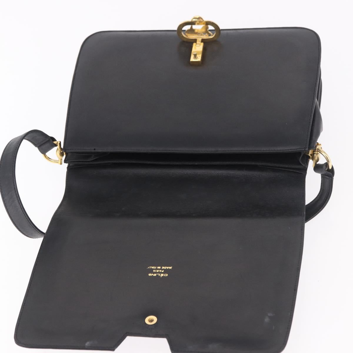 CELINE Horse Carriage Shoulder Bag Leather Black Gold Auth 185494