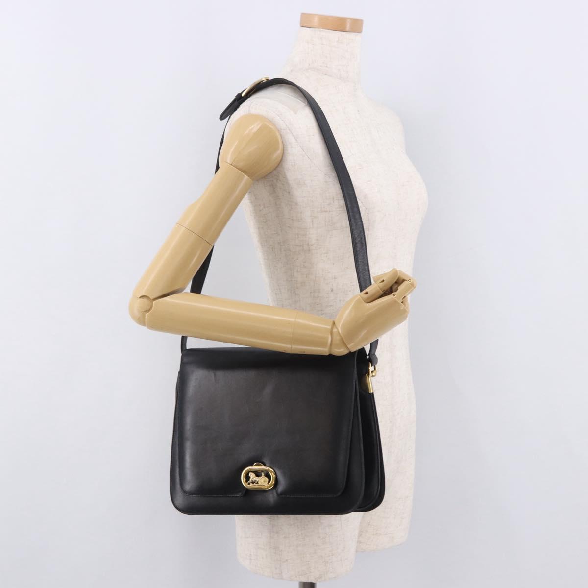 CELINE Horse Carriage Shoulder Bag Leather Black Gold Auth 185494