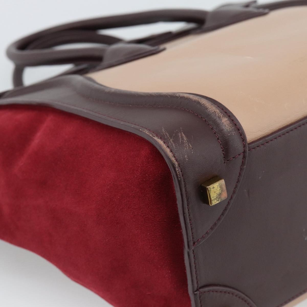 CELINE Luggage Micro Shopper Hand Bag Leather Bordeaux Gold Auth 185495A