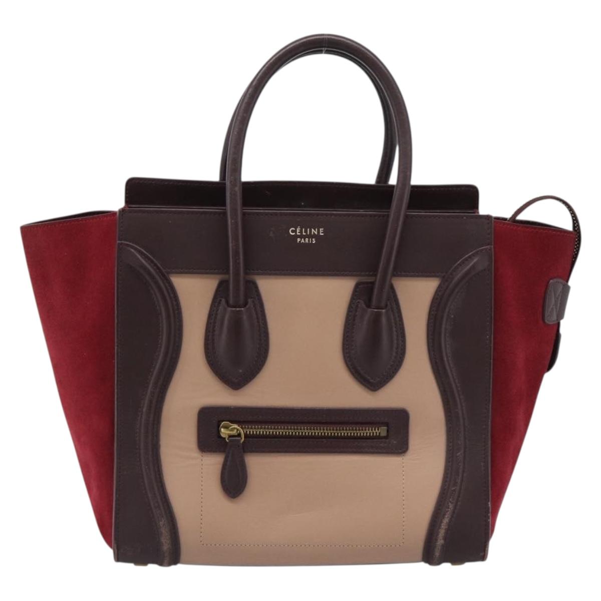 CELINE Luggage Micro Shopper Hand Bag Leather Bordeaux Gold Auth 185495A