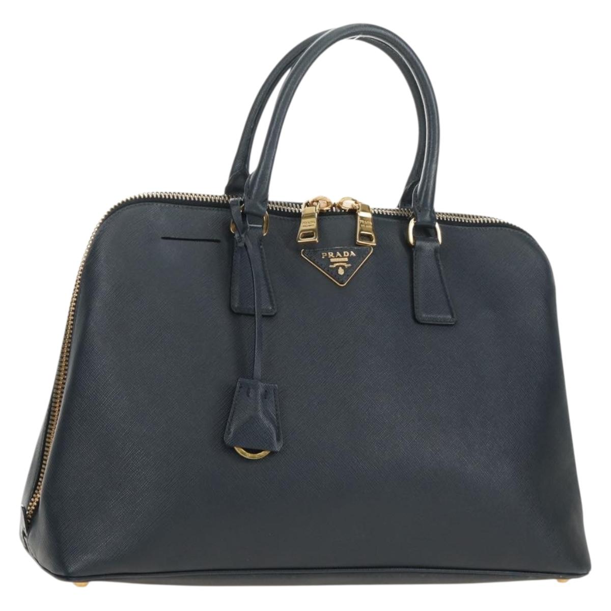 PRADA Hand Bag Saffiano leather Navy Gold Auth 185501V