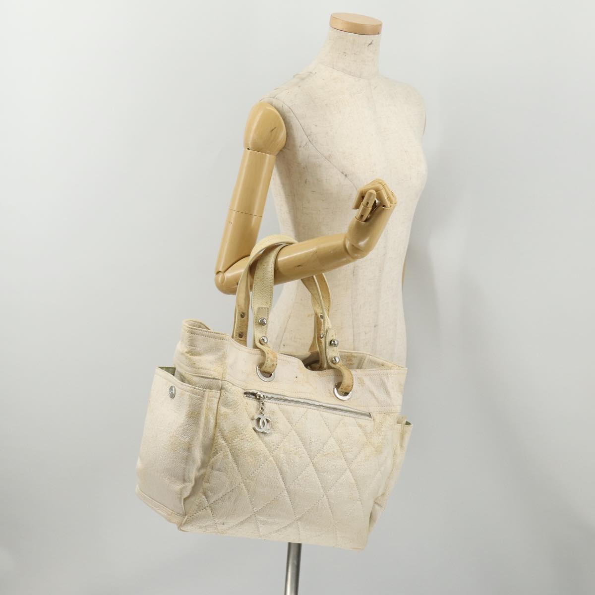 CHANEL Paris Biarritz GM Hand Bag Canvas White Silver CC Auth 185503