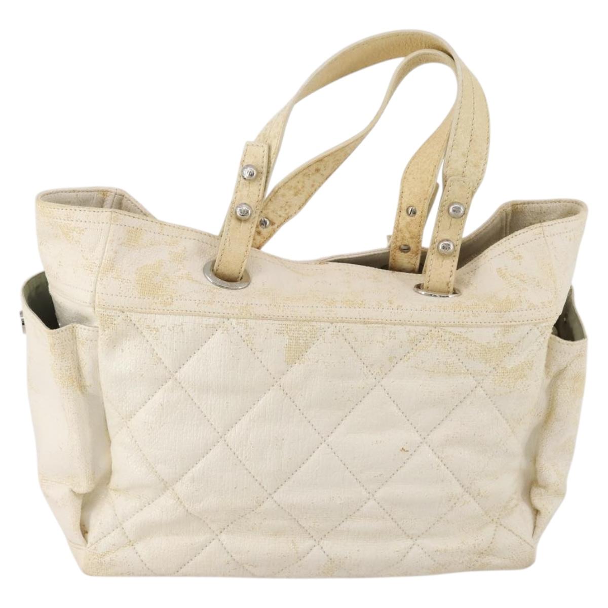 CHANEL Paris Biarritz GM Hand Bag Canvas White Silver CC Auth 185503