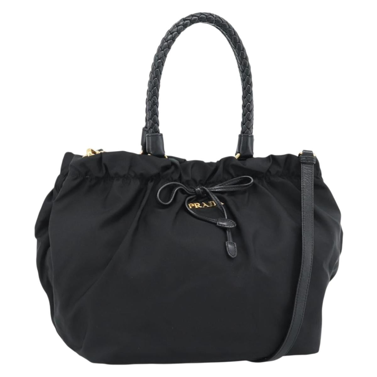 PRADA Ribbon Hand Bag Nylon 2way Black Gold Auth 185506V