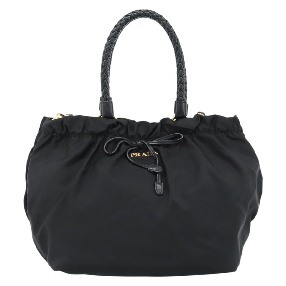 PRADA Ribbon Hand Bag Nylon 2way Black Gold Auth 185506V