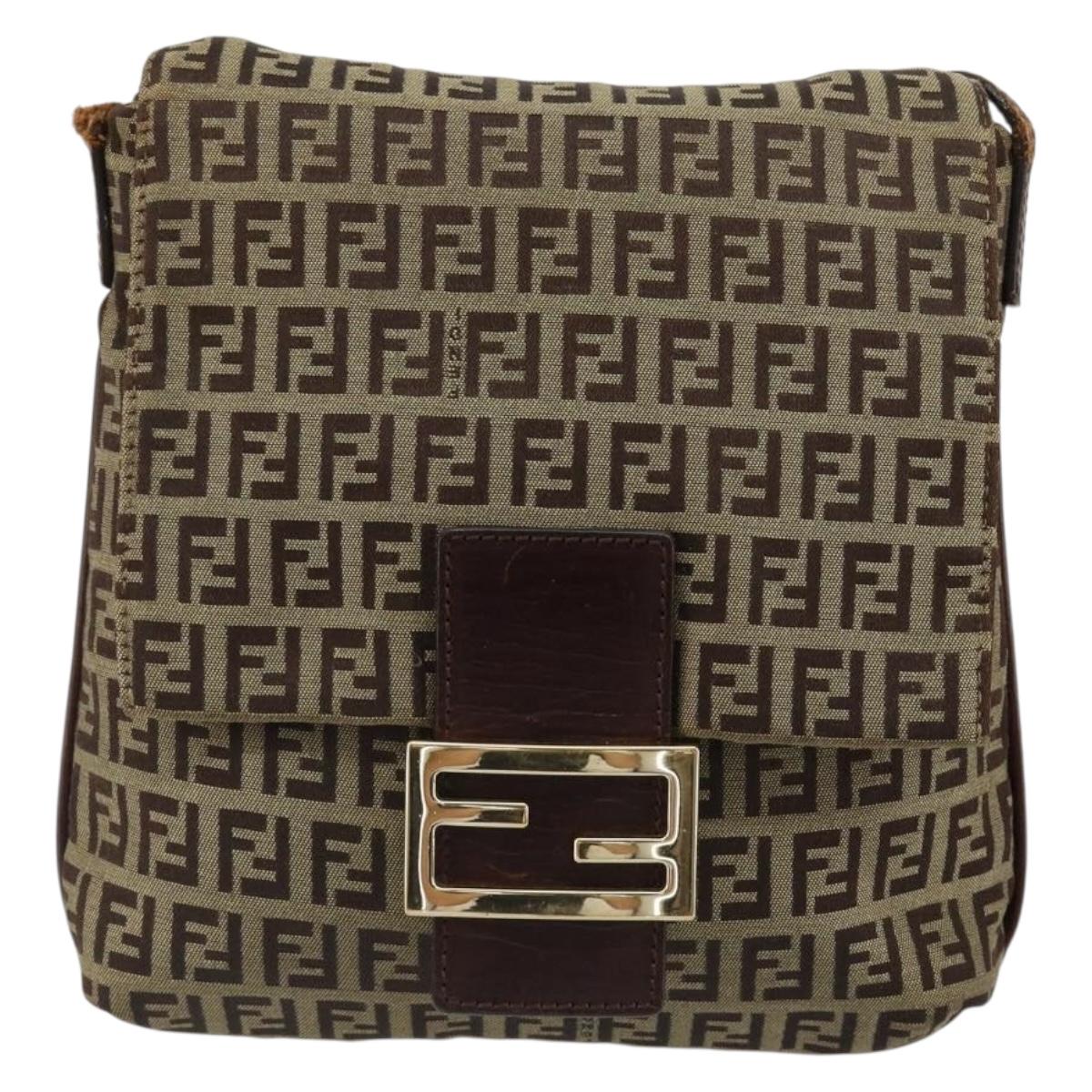 FENDI Zucchino Canvas Mamma Baguette Shoulder Bag Beige Gold Auth 185509