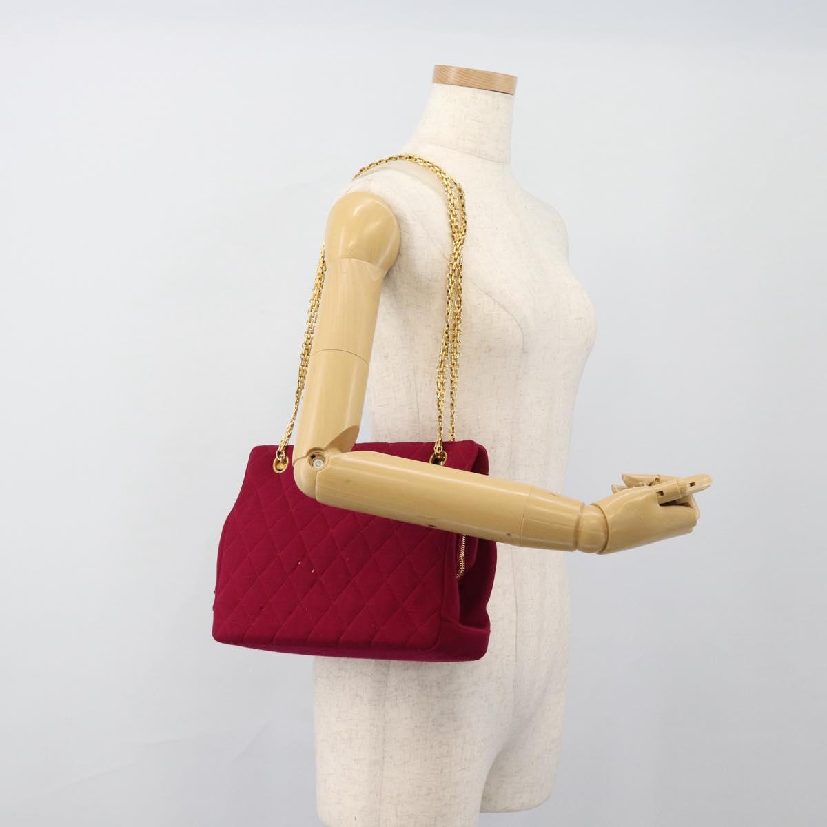 CHANEL Matelasse Chain Shoulder Bag Cotton Jersey Wine Red Gold CC Auth 185539