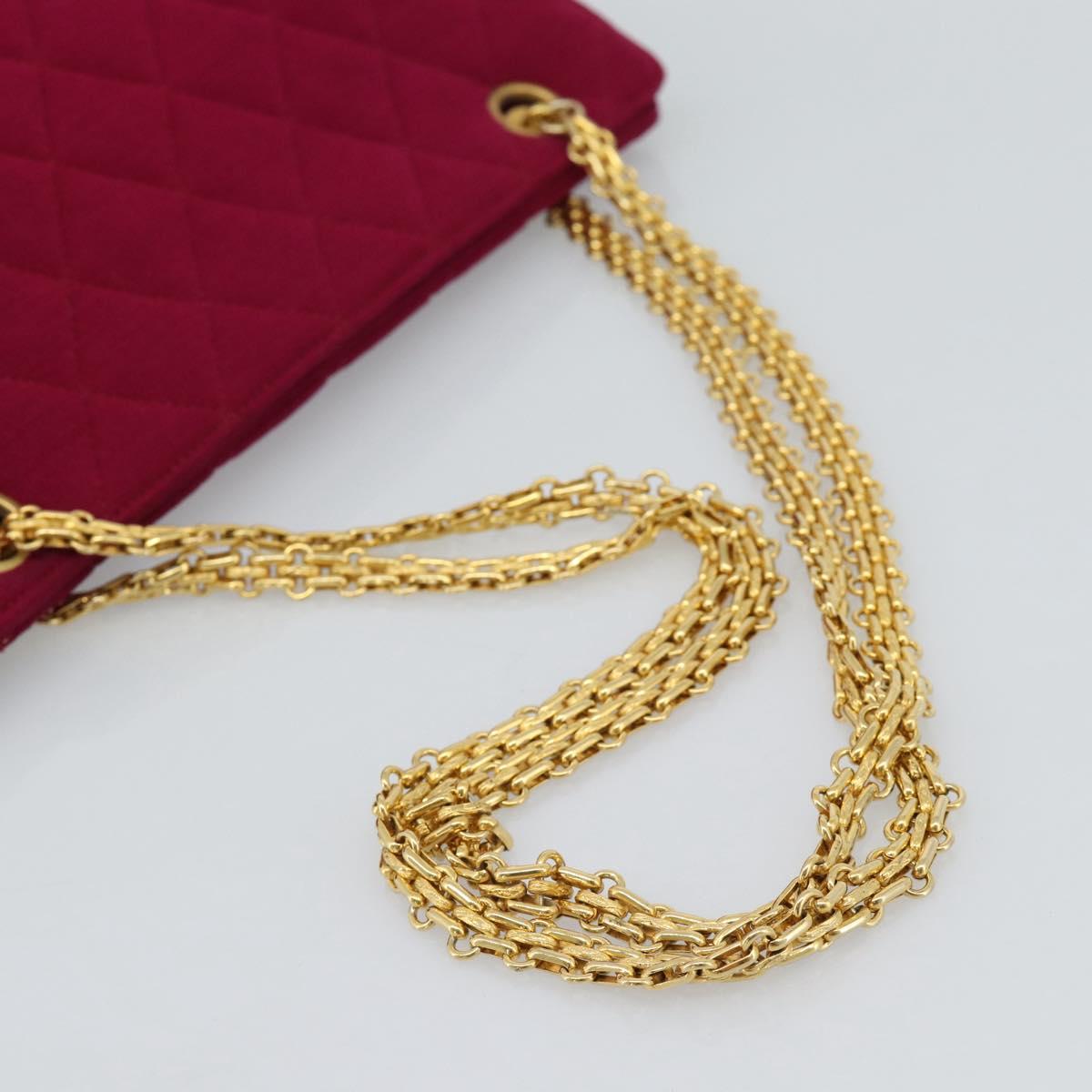 CHANEL Matelasse Chain Shoulder Bag Cotton Jersey Wine Red Gold CC Auth 185539