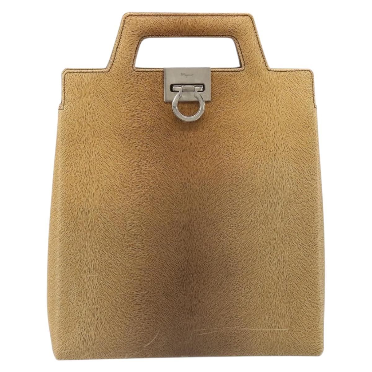 Salvatore Ferragamo Gancini Shoulder Bag Leather Beige Silver Auth 185544